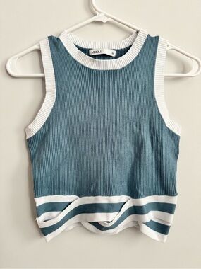 Blue Ribbed Tank Top with White Trim
